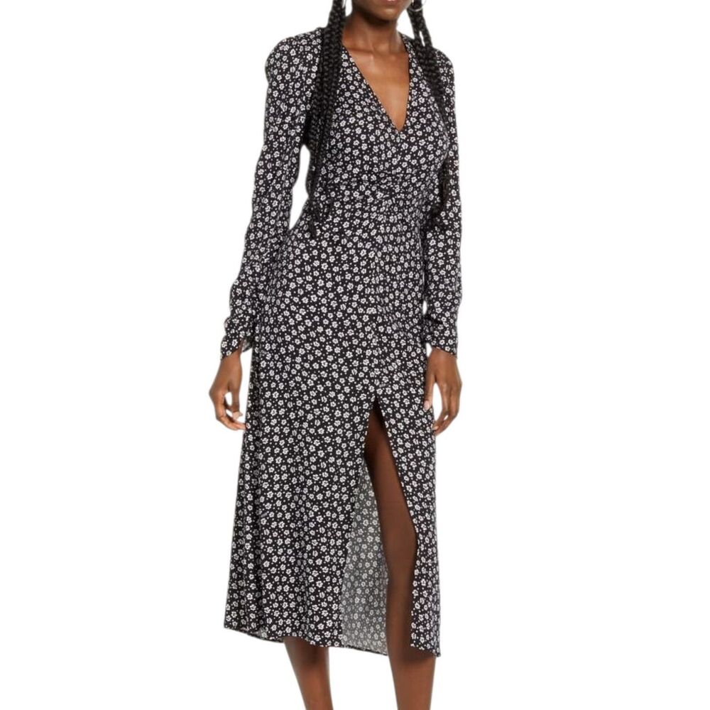 NEW AFRM Nordstrom Madsen Dress Black Women Size M Long Sleeve Ditsy Floral Slit